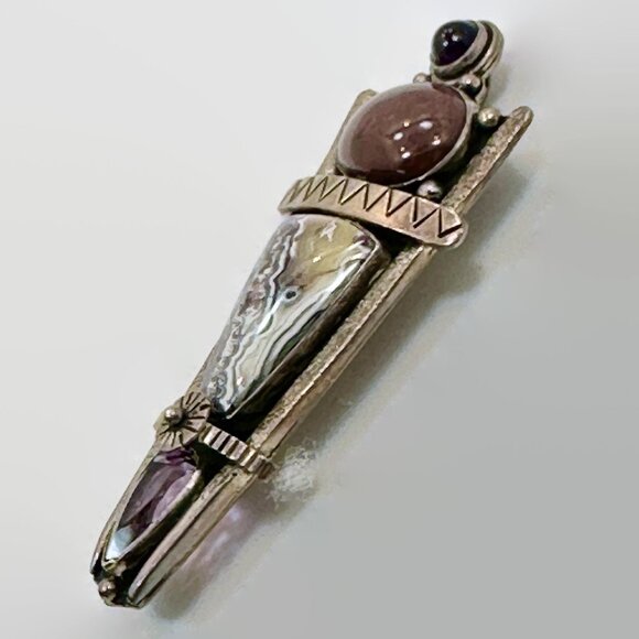 Unique Pendant, Brooch, Sterling Silver, Amethyst, Jasper, Crazy Lace Agate - Picture 5 of 5